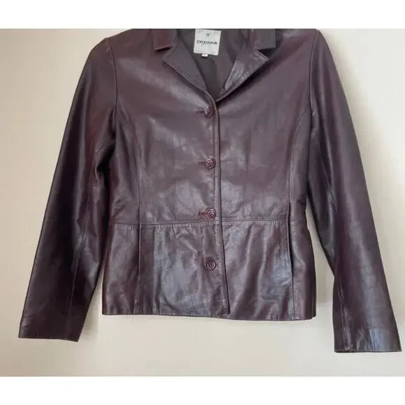 Y2K 90’s CHEVIGNON TRUCKER JACKET BLAZER COW GRAIN LEATHER MAROON SZ L VERSATILE - Picture 7 of 16
